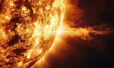 Wall Mural - A dramatic depiction of the sun's surface with solar flares and cosmic background.