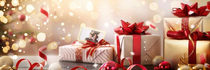 Aufkleber - Festive greeting card showcasing beautifully wrapped gifts on a table with decorative elements and soft holiday lights. Generative AI