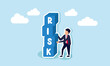 © B Design - A businessman pulls a block labeled S from a stack of blocks spelling RISK, illustration of final review and assessment of business risk mitigation