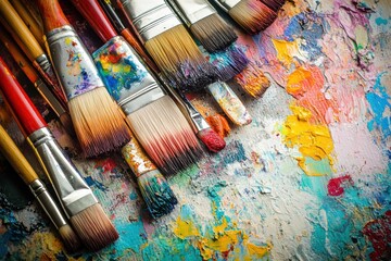 Poster - Inspiring artist tools with vibrant paints and brushes arranged on a colorful canvas in a creative workspace. Generative AI
