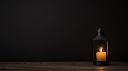 Wall Mural - Lit candle in black lantern on dark wood.