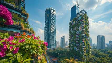 Wall Mural - A vibrant urban scene showcasing modern skyscrapers surrounded by lush greenery and flowers.