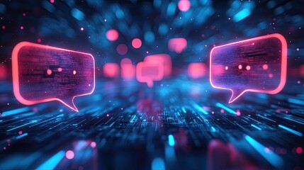 creative gpt chat hologram with speech bubbles on a blurred blue background, representing the concep