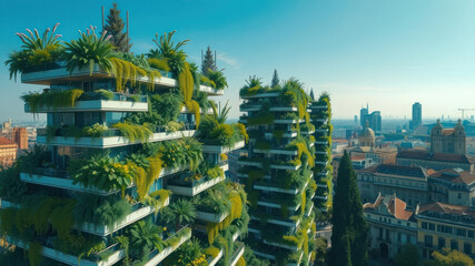 Wall Mural - Aerial view of modern green buildings with abundant vegetation in an urban landscape.