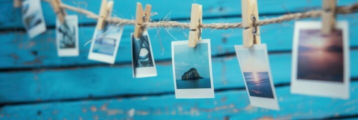 Aufkleber - Creative display of vintage polaroid photos hanging on a string against a vibrant blue wooden background. Generative AI