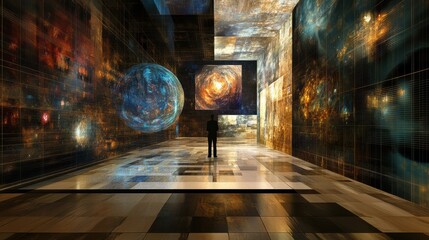 Leinwandbilder - Visitors explore a virtual gallery filled with striking digital artworks while interacting with lifelike avatars in a futuristic setting. Generative AI