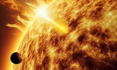 Wall Mural - A vibrant depiction of the sun's surface with solar flares and a distant planet.