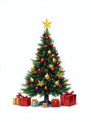 there is a christmas tree with presents around it and a star on top.