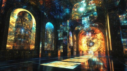 Aufkleber - Explore a remarkable digital gallery filled with unique virtual artworks and vibrant avatars illuminating a futuristic space. Generative AI