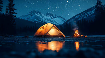 Poster - Camping Lights Up Snowy Mountain Lake at Night