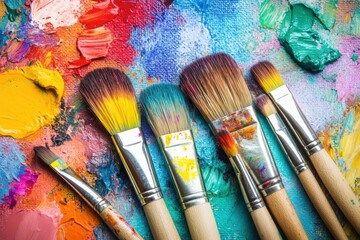 Poster - Variety of artist brushes surrounded by vibrant paints and colors on a textured canvas ready for creative expression. Generative AI
