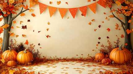 Wall Mural - Autumn Leaves Fall Gently + Pumpkins Decorate + Fall Festive Scene