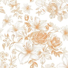 Poster - Delicate floral pattern featuring light orange roses and lilies on a cream background ideal for fabric design. Generative AI