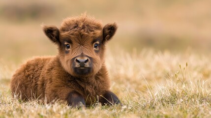 Wall Mural - Adorable Baby Highland Cow Lying on Brown Grass in Nature Setting