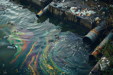 Wall Mural - Industrial Discharge and Pollution Contaminating Water Source