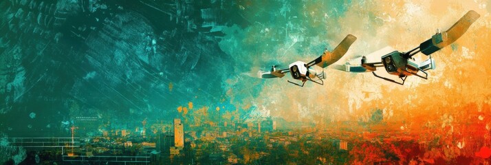 Fototapete - Automated drones controlled by AI deliver goods over a cityscape during twilight hours. Generative AI