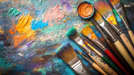 Poster - Vibrant artist brushes and colorful paints arranged for creative expression on a textured canvas background. Generative AI