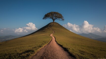 Canvas Print - Solitary tree atop grassy hill with winding path.