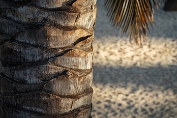 Wall Mural - Close-up View of a Palm Tree Trunk With Textured Bark on a Sandy Beach During Golden Hour Light, Capturing Nature's Beauty and Serenity