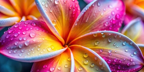 Poster - Close-up of vibrant Champa flower petals with water droplets , tropical, fragrant, blossoms, exotic, white, yellow, petals