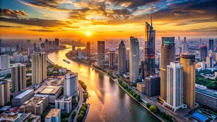 Wall Mural - Aerial view of cityscape at sunset with skyscrapers and river , urban, skyline, city, sunset, buildings, architecture