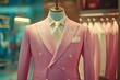 © SY - Pink double-breasted suit on a mannequin, close-up view. Perfect for fashion, style, or business websites.