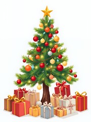 a vector illustration of a christmas tree with presents around it.