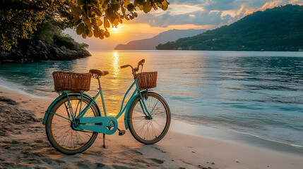 Wall Mural - Bicycle Rests on Beach at Sunset with Ocean View