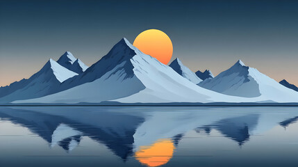 Sticker - Snowy Mountains Reflect in Calm Water at Sunset