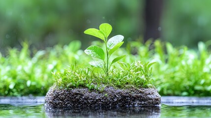 Sticker - Small plant growing in soil on water.