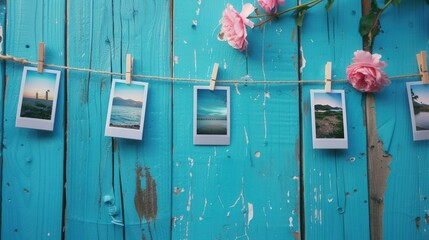 Poster - Creative display of polaroid photos hanging on a string with clothespins against a vibrant blue wooden background. Generative AI