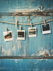 Poster - Polaroid photos elegantly displayed on string with clothespins against a rustic blue wooden backdrop for creative inspiration. Generative AI