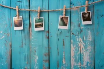Aufkleber - Polaroid photos displayed on a string with clothespins against a vibrant blue wooden background for creative mock up. Generative AI