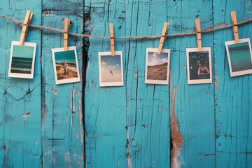Poster - Polaroid photos display on a string with clothespins against a vibrant blue wooden background. Generative AI