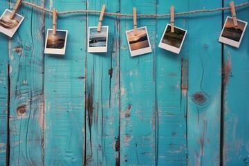 Poster - Polaroid photos strung on a colorful wooden background create a nostalgic display. Generative AI