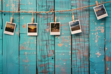 Poster - Creative display of polaroid photos hanging on a string against a vibrant blue wooden backdrop. Generative AI