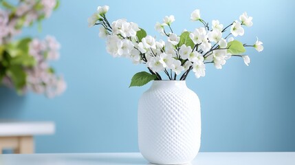 Wall Mural - White flowers in a textured vase on a table.