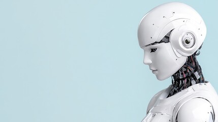 Close-up profile of a female humanoid robot against a light blue background.