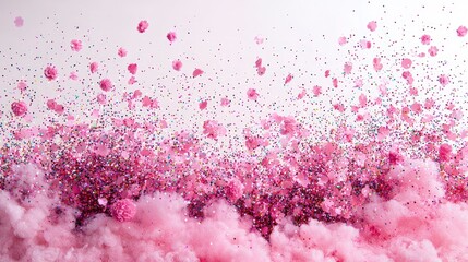 Canvas Print - Pink flower petals and confetti explosion on fluffy pink cloud.