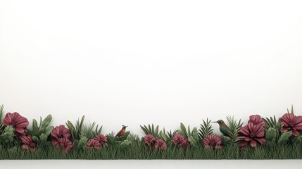 Canvas Print - A floral border featuring vibrant red flowers and lush greenery against a plain background.