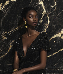 Beautiful fashionable young black woman in evening gown with sequins, black marble background