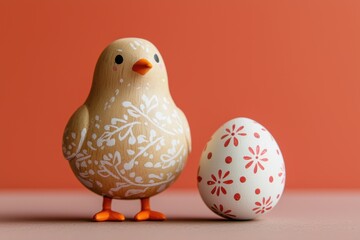 Canvas Print - Charming Wooden Bird and Egg Couple on Soft Background