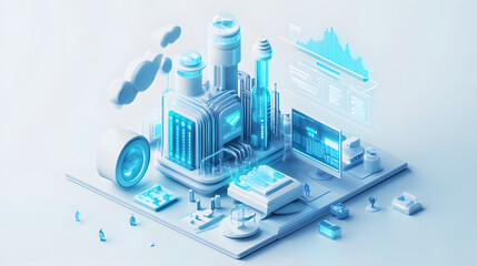 Isometric Computer Programming Icon, 3D Illustration, Semi-Transparent Layer Style, Unreal Engine 5 Theme, Light White and Blue Tones, Glass Material, Data Visualization, Industrial Machinery Aestheti