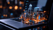 © K.V - laptop displaying futuristic city skyline with glowing lights and digital elements, symbolizing technology and innovation in urban development