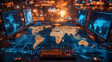 global network: data flows across continents at night