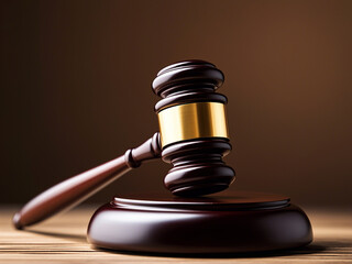  A wooden gavel on a table, representing the legal system and judicial process on white background 