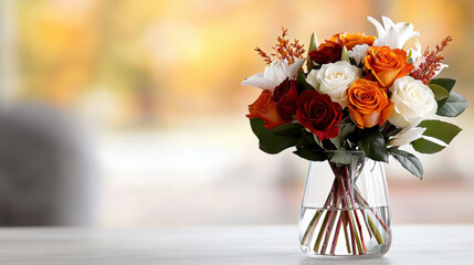 Aufkleber - beautiful bouquet of orange, white, and red roses in clear glass vase, showcasing vibrant colors and fresh greenery, perfect for brightening any space