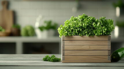 Wall Mural - Fresh green lettuce in wooden crate on kitchen table, showcasing farm to table freshness and healthy eating. Perfect for culinary and gardening themes