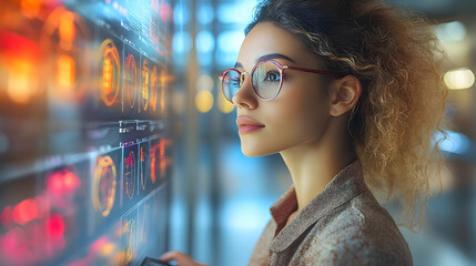 Woman Analyzes Data on Interactive Screen Brightly