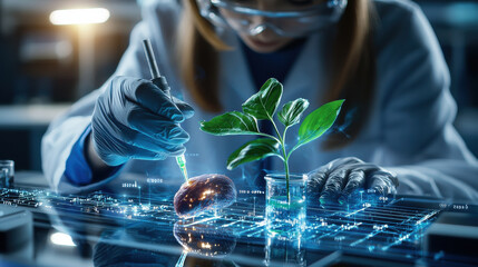 Poster - Innovative food scientist conducting research on plant nutrition and growth. image showcases close up of scientist analyzing plant sample with advanced technology
